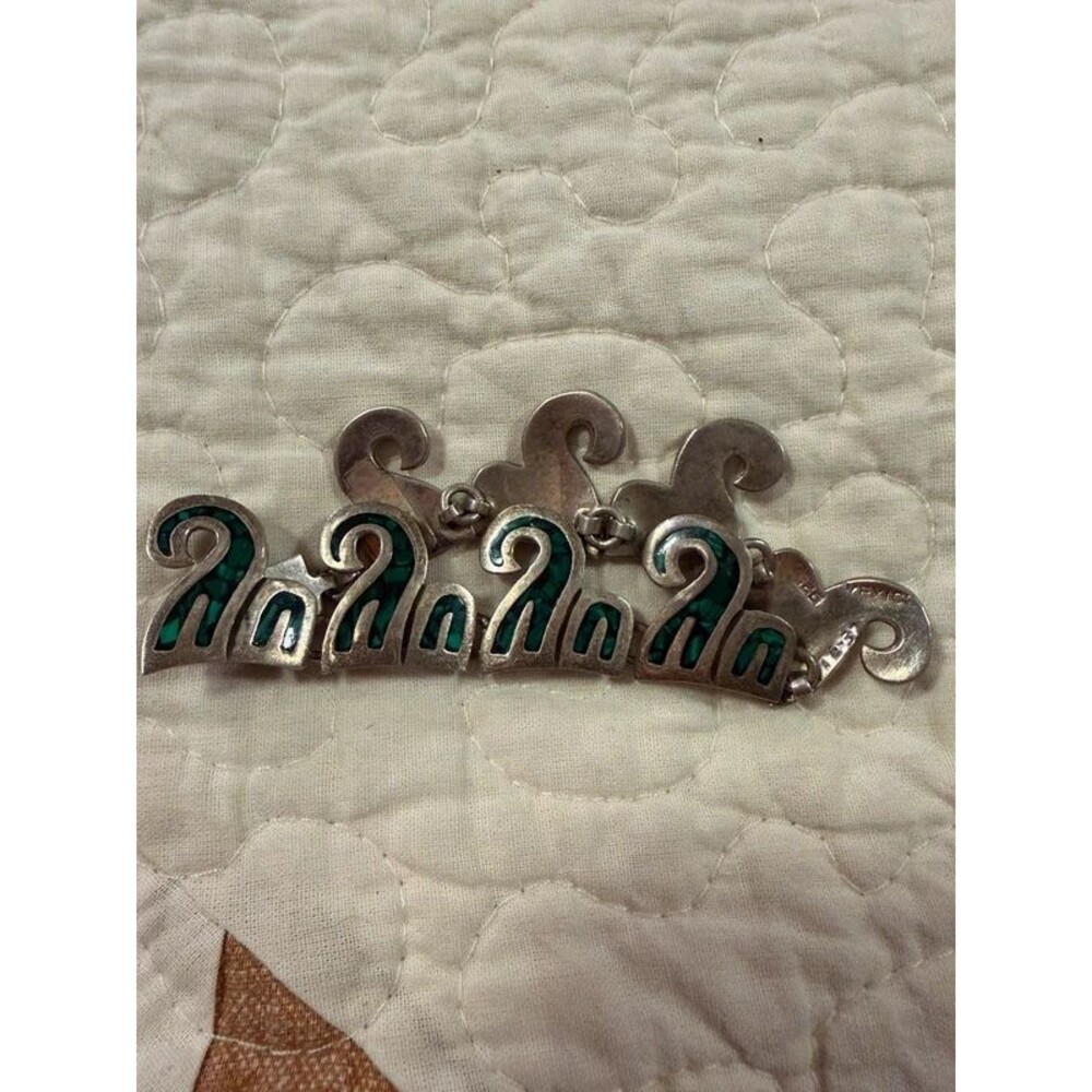 Vintage Taxco Mexican Sterling Silver Malachite Chip Inlay Link Bracelet 925